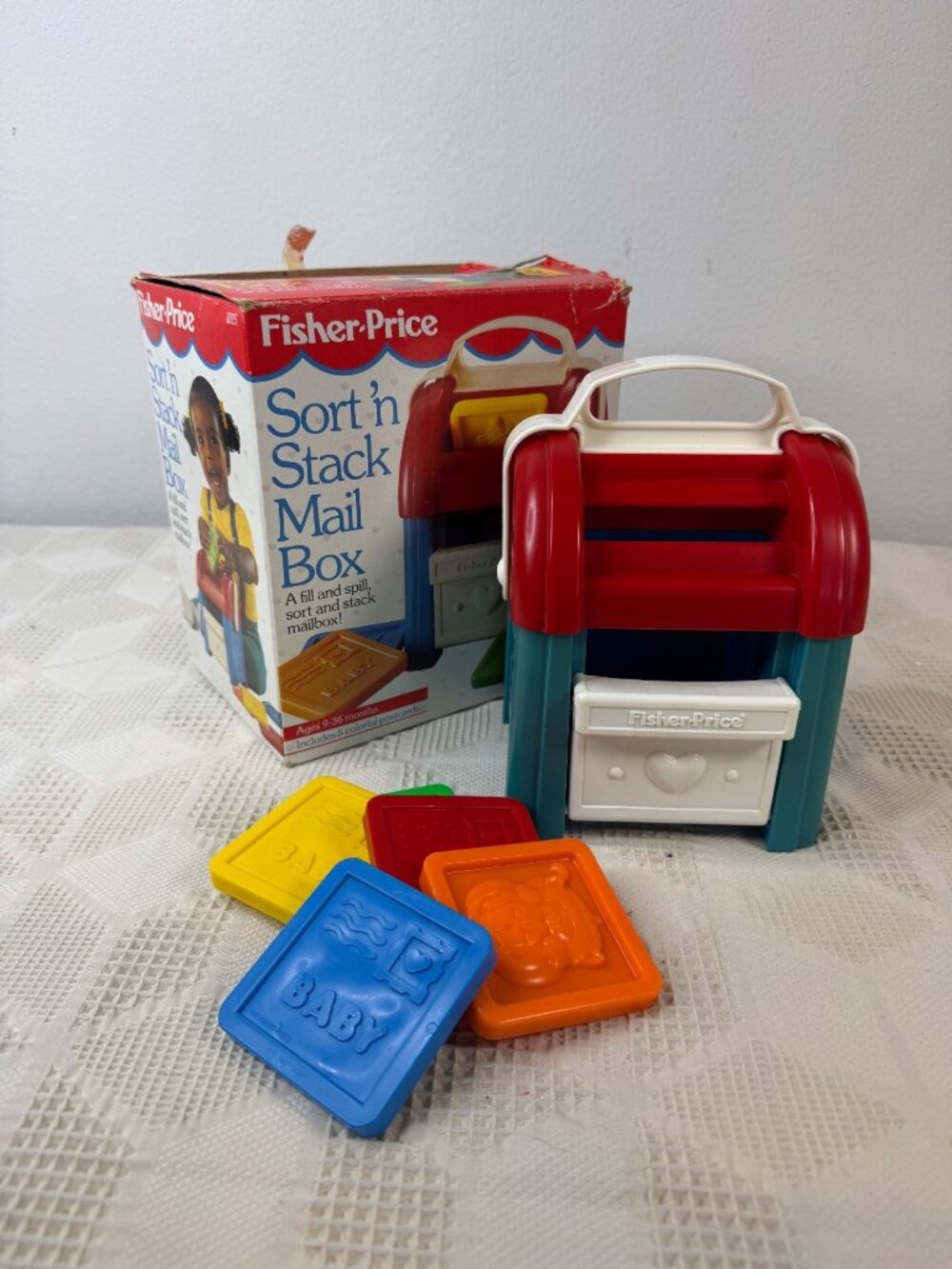 Fisher-Price Sort N Stack Mailbox Toy With 5 Chunky Postcards & Box 1989 Vintage
